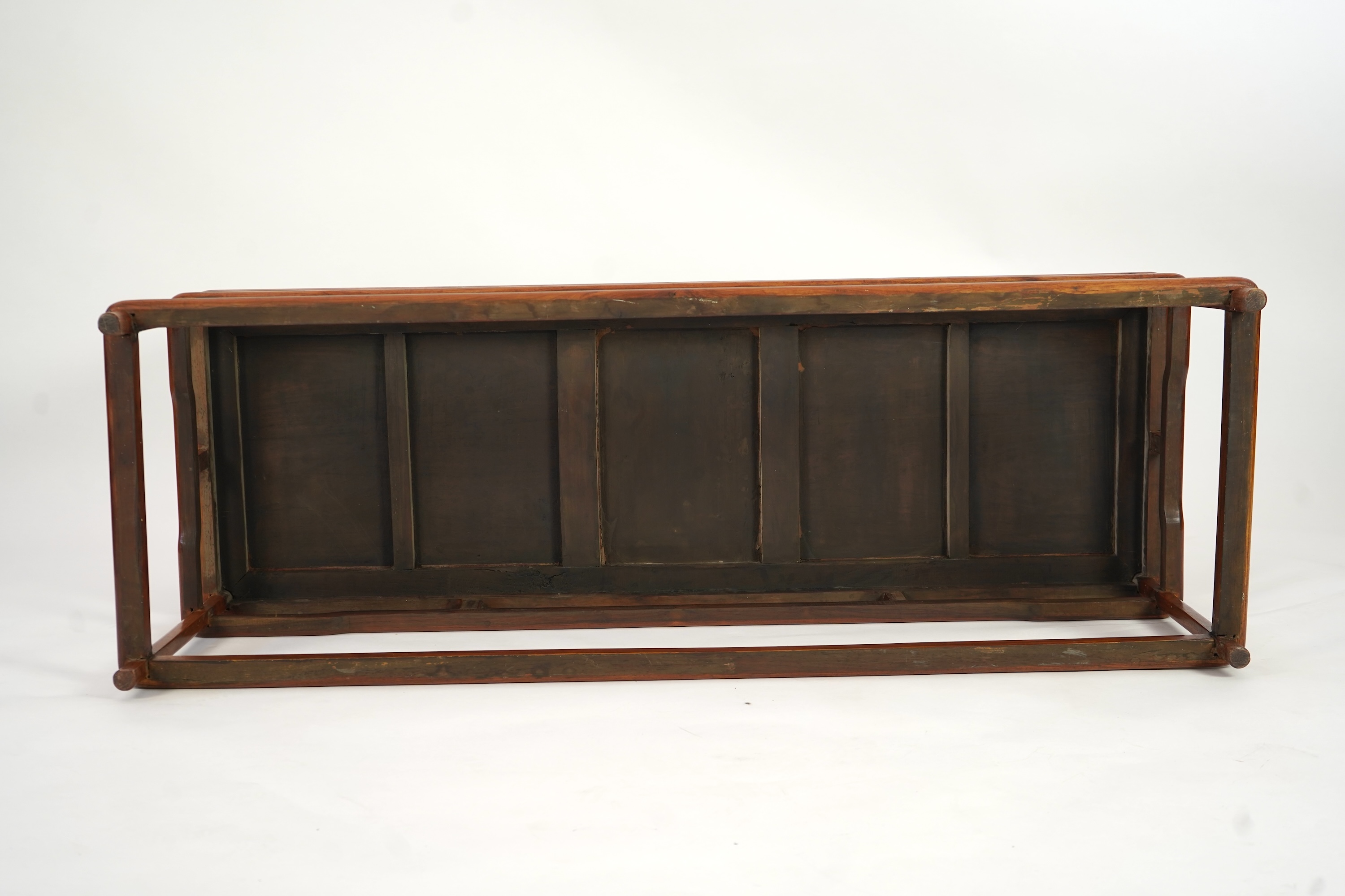 A Chinese hardwood and burrwood inset spindle-back bench, early 20th century